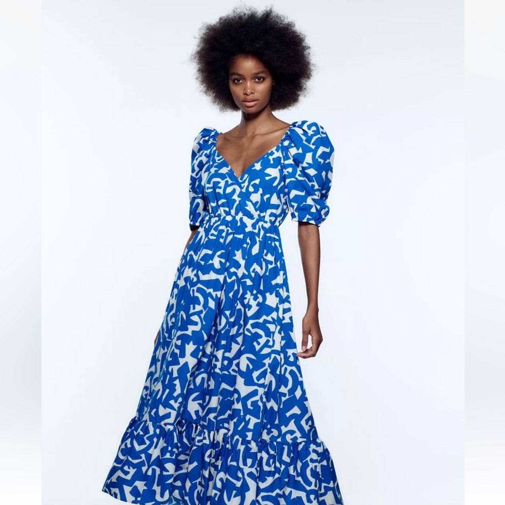 ZARA PRINTED POPLIN DRESS BLUE WHITE FRILL PUFF SLEEVE MAXI LONG SIZE MEDIUM
